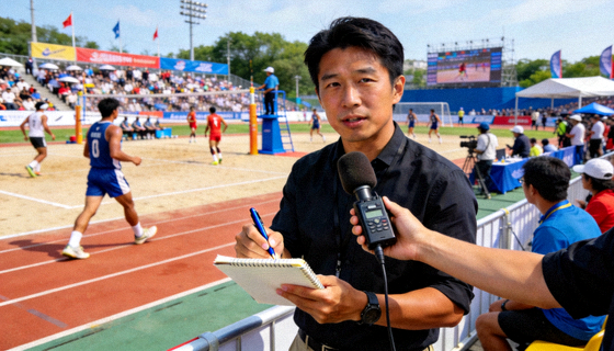 体育新闻记者在赛场边进行赛事记录与报道