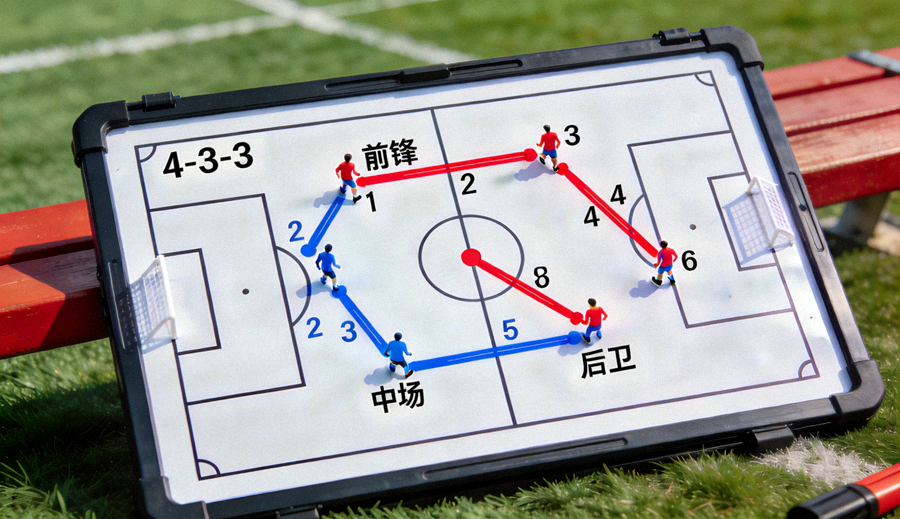 足球战术板上标注的阵型与跑动路线示意图